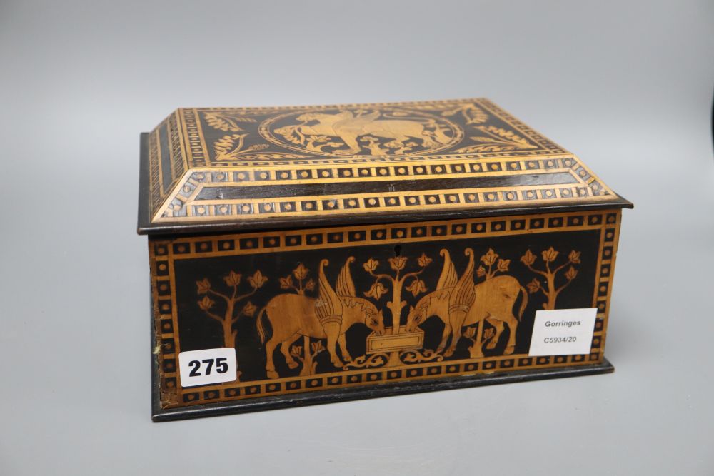 A French neo-classical style inlaid box, depicting Pegasus, length 28cm